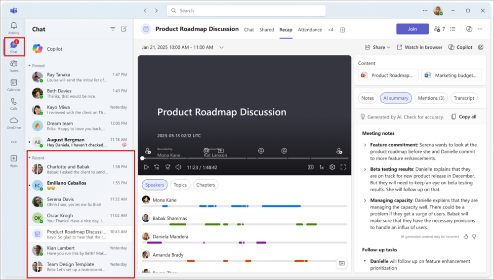 Microsoft Teams meeting chat with the Recap tab highlighted